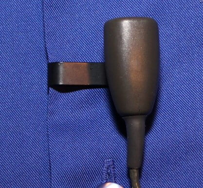 AKG lavalier mic attached to a shirt