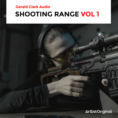 Cover art for Shooting Range Vol 1 Sound Effects pack featuring a man wearing ear protectors and holding a rifle in the trigger position