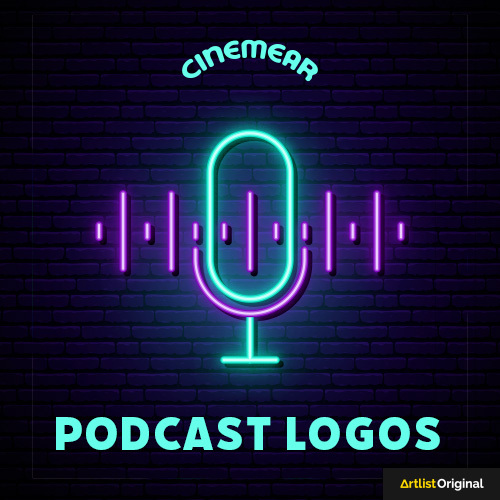 Cover art for podcast logos sound effects pack showing an icon of a microphone over a wave form