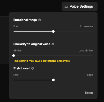 Screenshot of voice settings menu with sliders for adjusting emotional range, similarity to original voice, and style boost. Emotional range slider is set to the middle, similarity to original voice is set to minimum, and style boost is set to low.