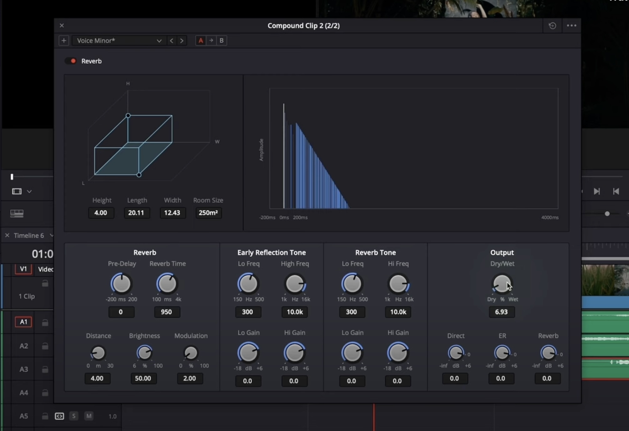 Screenshot of a reverb settings panel in a digital audio workstation (DAW). The panel includes controls for height, length, width, and room size, along with reverb time, early reflection tone, reverb tone, and output settings. Graphs show a 3D room visualization and an amplitude decay chart.