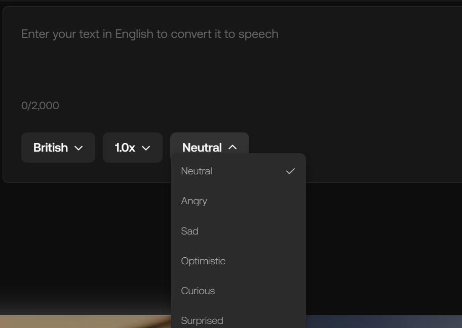 Dropdown menu to select the emotion you want your voiceover to express on Artlist.