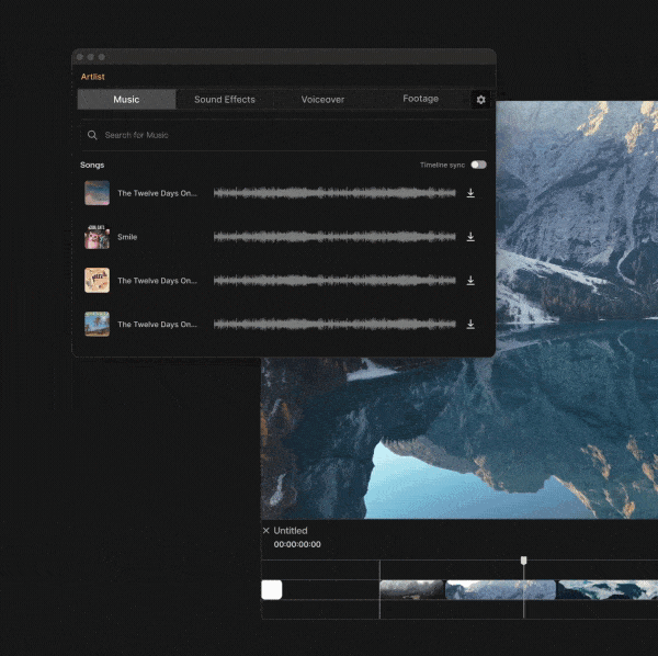The Artlist Library Extension as used in Adobe Premiere Pro, displaying a selection of royalty-free music, sound effects, and stock footage, with a scenic mountain landscape being edited in the timeline.