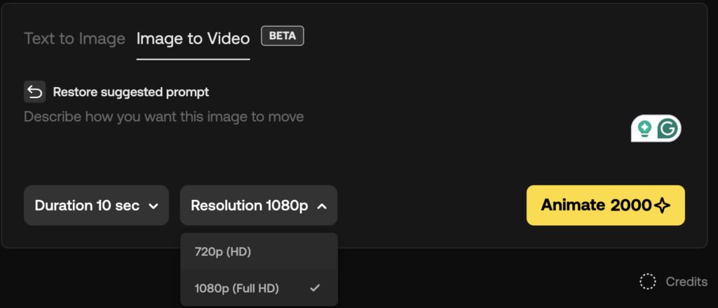 You can choose your resultion with Artlist image and video generator. For high-quality, cinematic visuals, 1080p (Full HD) is the way to go, but for other projects, 720p HD might be the right resolution for you.