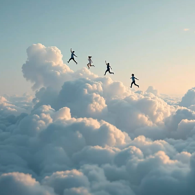 Whimsical scene of five figures leaping through soft clouds at sunrise generated by Artlist's AI video generator, ideal visual inspiration for video creators using sound effects and video editing software to craft fantasy content.