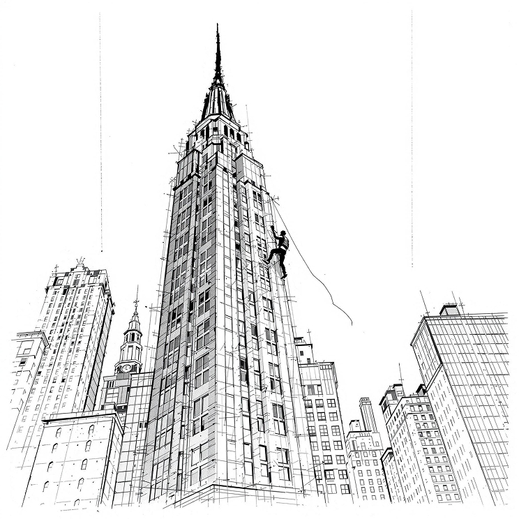 Black and white illustration of a person scaling a tall skyscraper with a rope, set against a detailed cityscape generated by Artlist's AI video generator—ideal for content creators crafting urban adventure scenes.