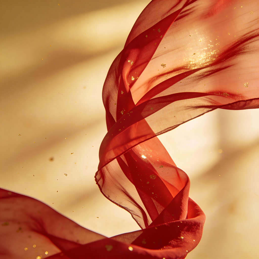 An AI image generated with Seedream 4.5 of a red scarf floating in midair with gold flecks all around