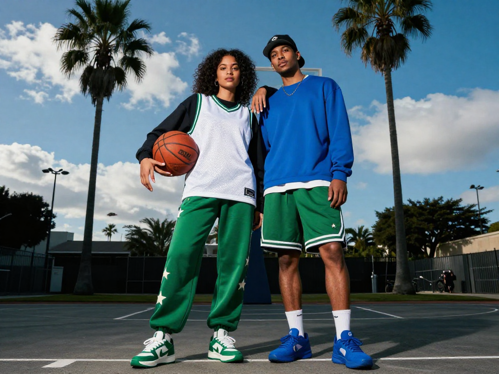 AI generated image with z image turbo image model of two stylish adults standing confidently on an outdoor basketball court under a bright blue sky with scattered clouds and tall palm trees.