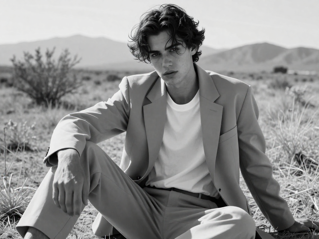 AI generated image with z image turbo image model of a stylish young man sitting in a desert-like landscape, captured in high-contrast black and white.