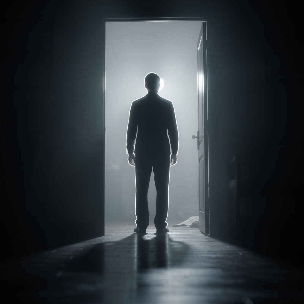 A Flux 2.0 generated image of a person standing in a doorway at night with a bright light source behind them.