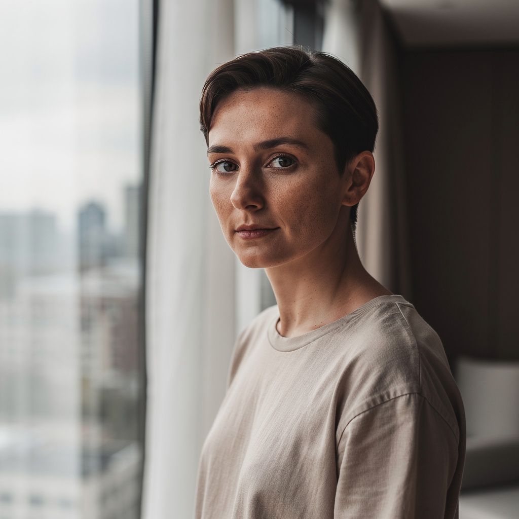 A Flux 2.0 Pro generated image of a woman standing in front of a large window looking straight at the camera.