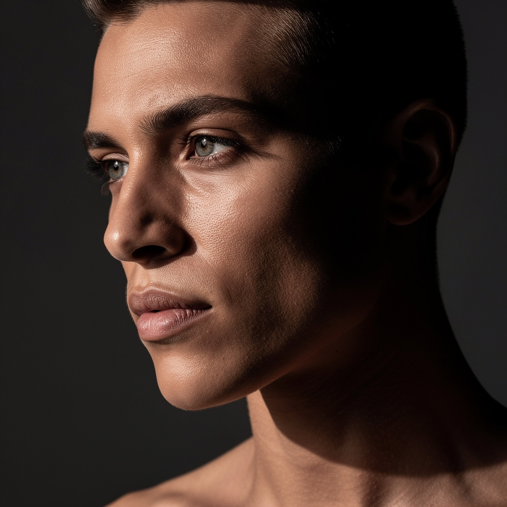 A Flux 2.0 Pro generated color portrait of a man from the side, with sharp shadows, high contrast, and defined facial structure