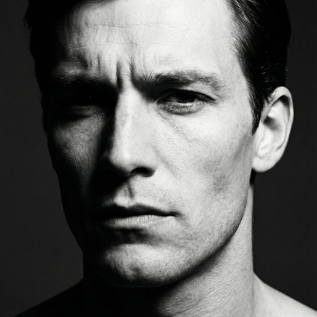 A Nano Banana Pro generated black and white portrait of a man looking serious, directly at the camera. 