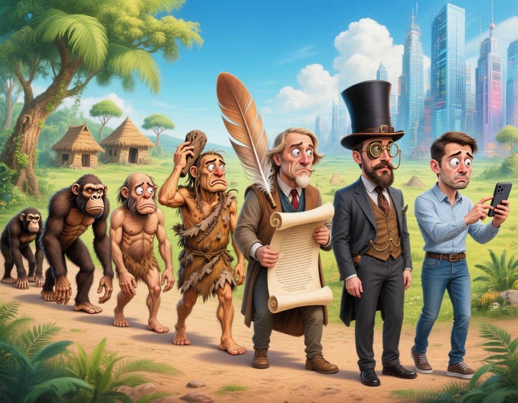 A humorous AI generated illustration depicting the evolution of humans with Hunyuan v3 on Artlist. 