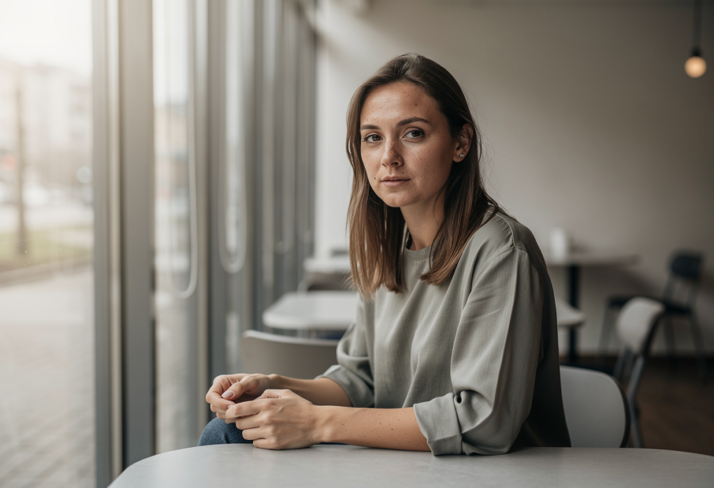 A Flux Pro 2.0-generated image of a woman sitting in a cafe.