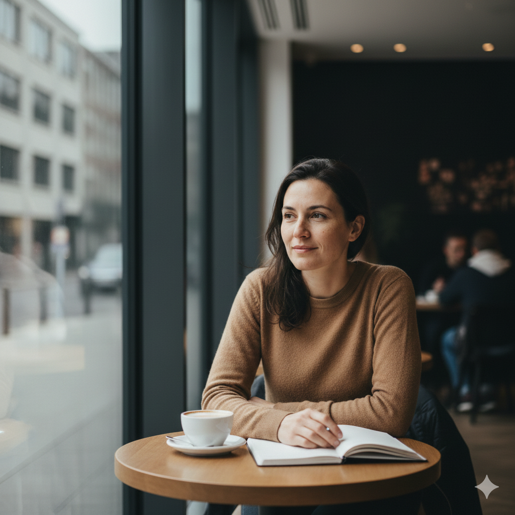 A Nano Banana Pro-generated image of a woman sitting in a cafe.