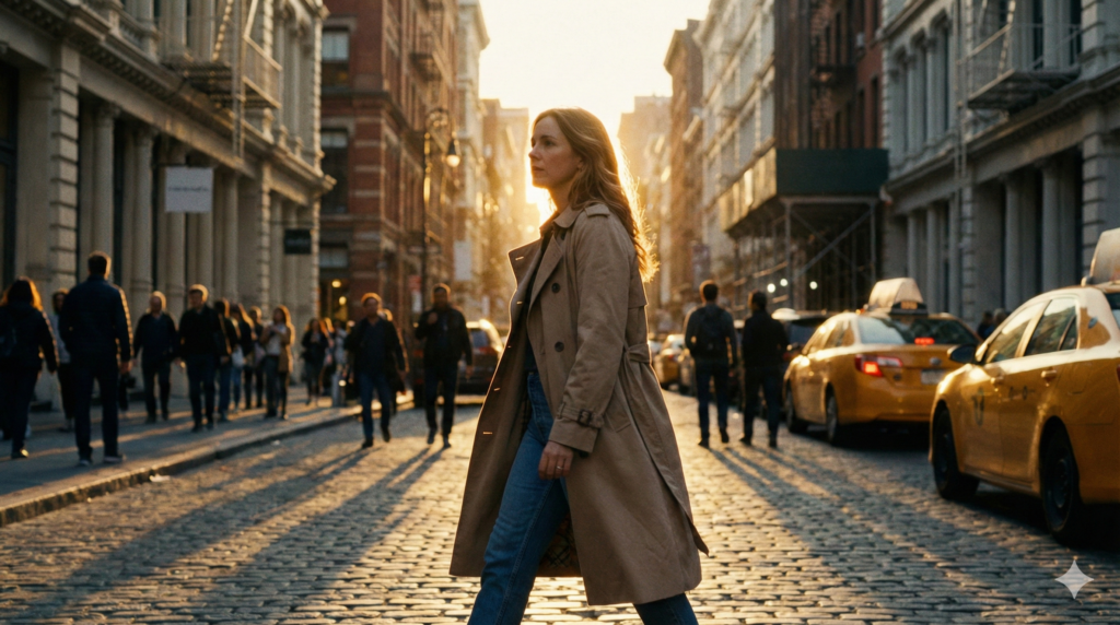 A Flux 2.0 Pro-generated image of a woman walking through a city street at sunlight.
