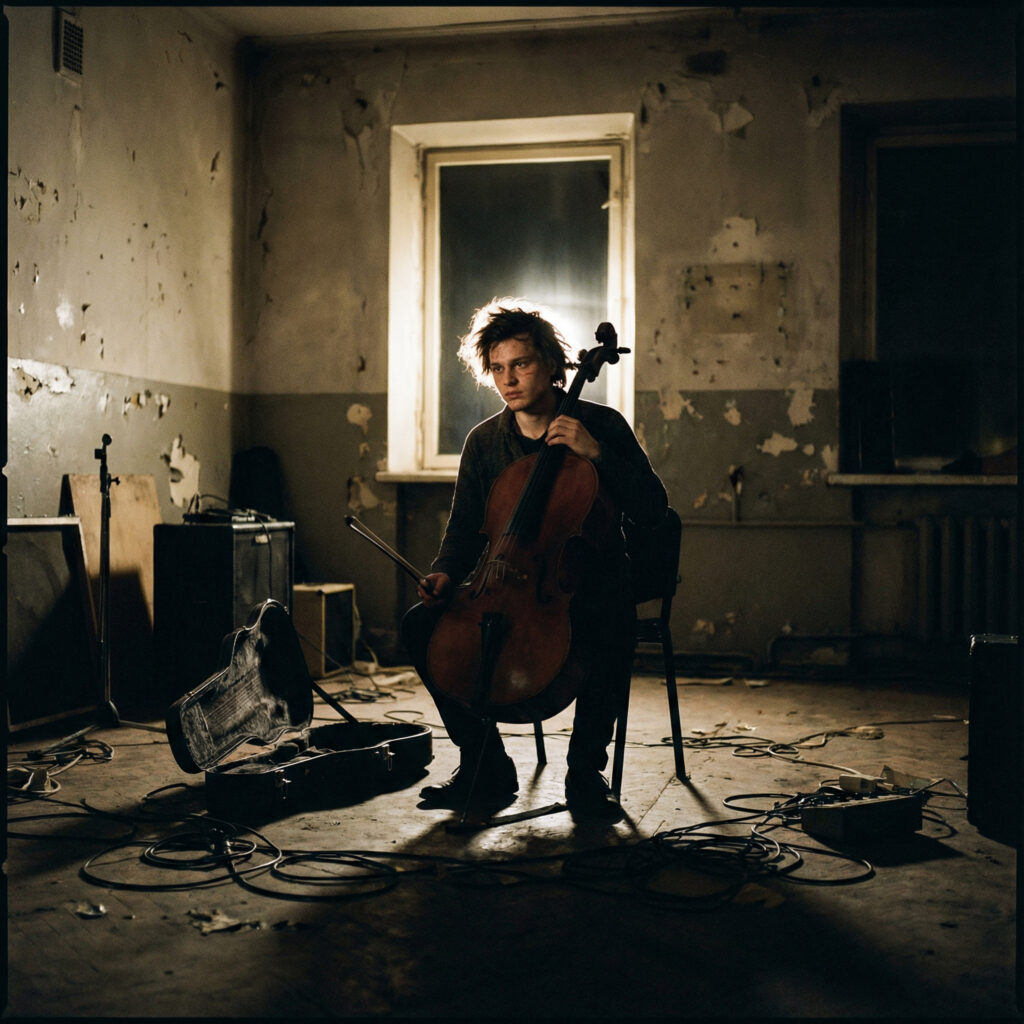 A Nano Banana generated portrait of a young musician alone in a crumbling rehearsal space with cables and an amp.