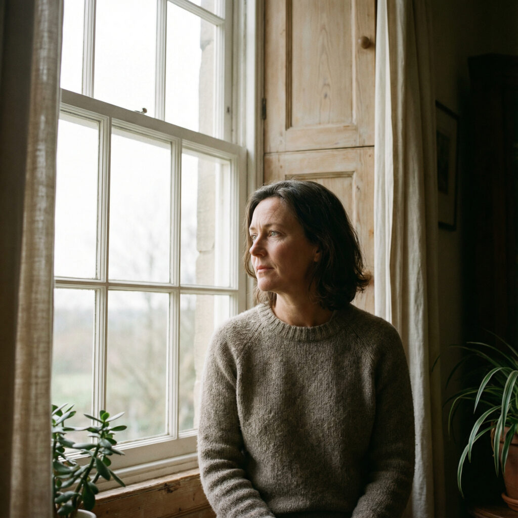 A Nano Banana Pro generated image of a woman sitting near a large window looking outside.