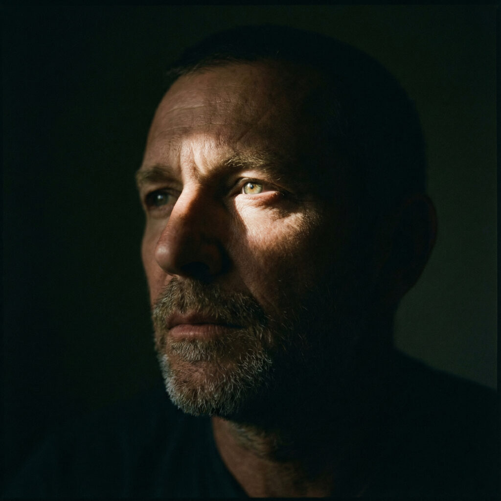 A Nano Banana Pro generated portrait of a man with minimal light, one light source, and deep shadows, against a dark background