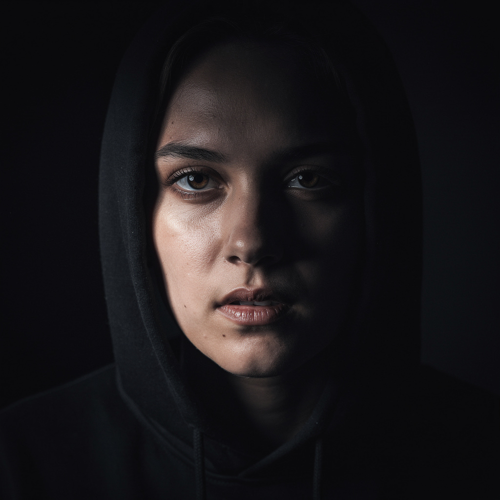 A Flux 2.0 Pro generated portrait of woman with her hood up, with minimal light, one light source, and deep shadows, against a dark background
