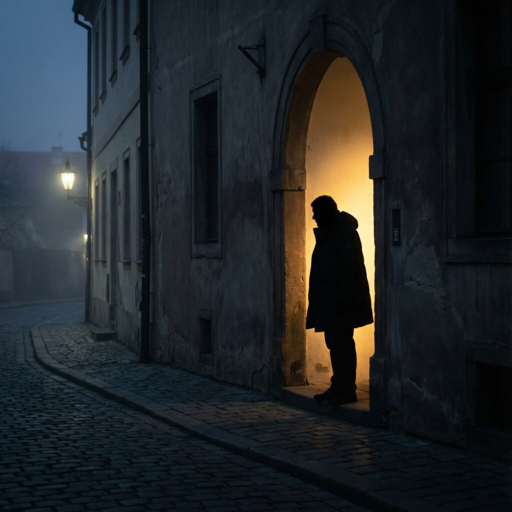 A Nano Banana Pro generated image of a person standing in a doorway at night with a bright light source behind them.
