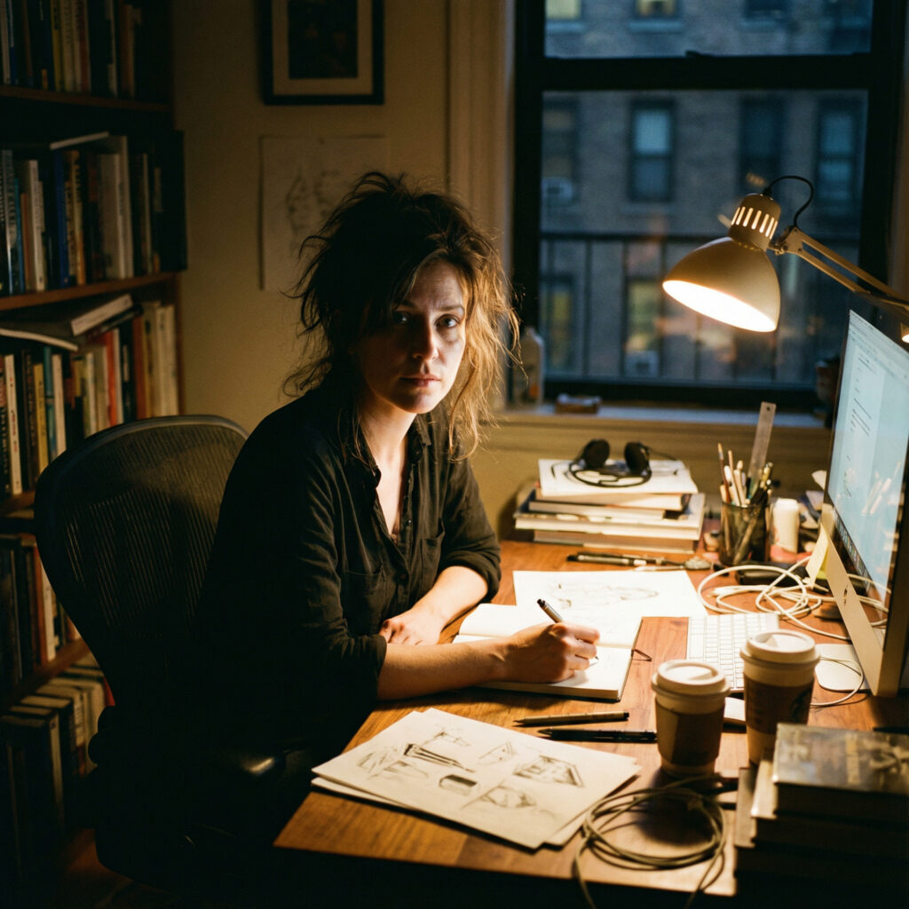A Nano Banana Pro generated image of a creator sitting at a desk late at night in front of a computer screen and a table lamp.