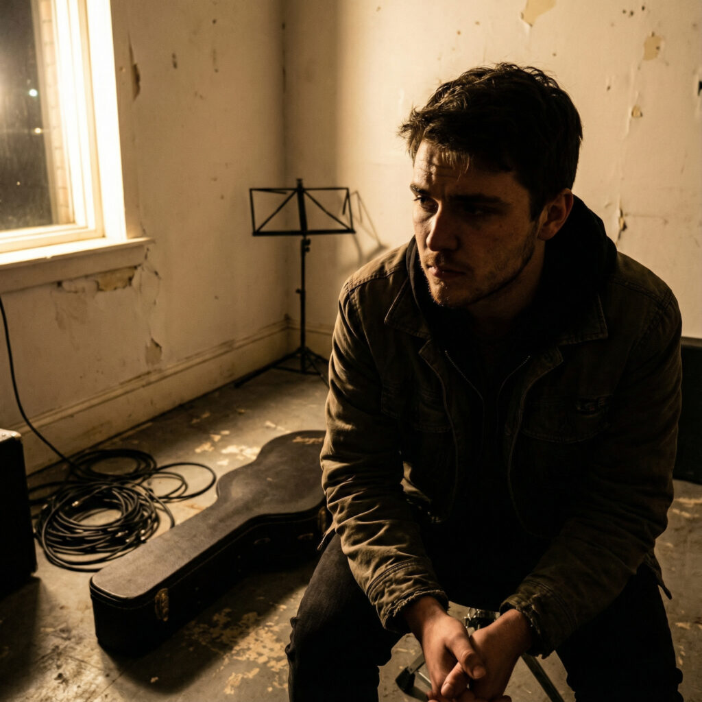 A Nano Banana Pro generated portrait of a young man in an empty rehearsal studio with a guitar case and cables on the floor. 