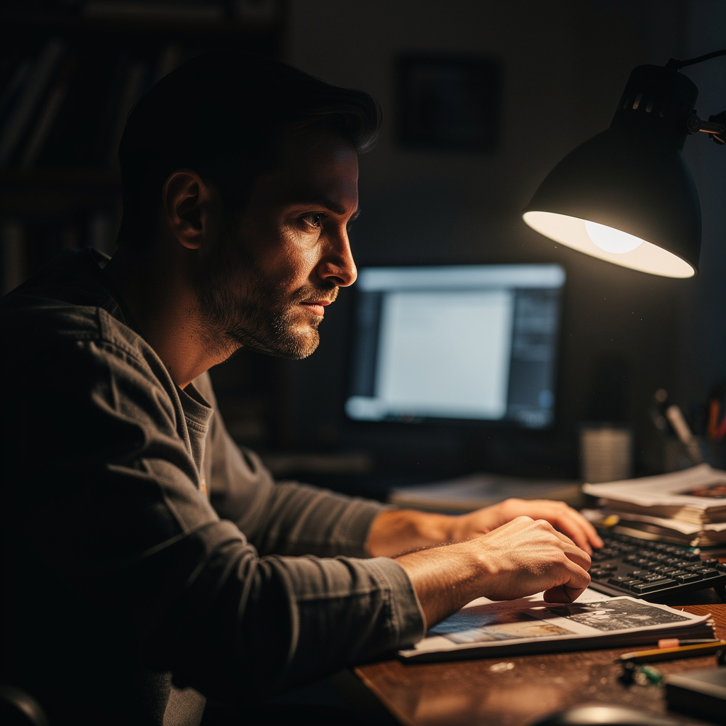 A Flux 2.0 generated image of a creator sitting at a desk late at night in front of a computer screen and a table lamp.