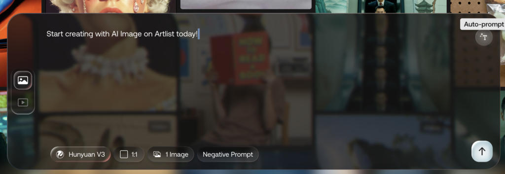 Screenshot of the prompt box on Artlsit AI Toolkit. Showing the image generator using Hunyuan V3 AI image model
