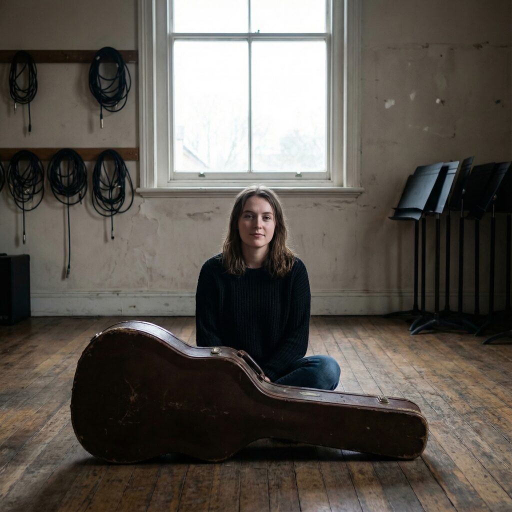 A Nano Banana Pro generated image of a female musician in an urban rehearsal studio sitting on the floor with her instrument case. 