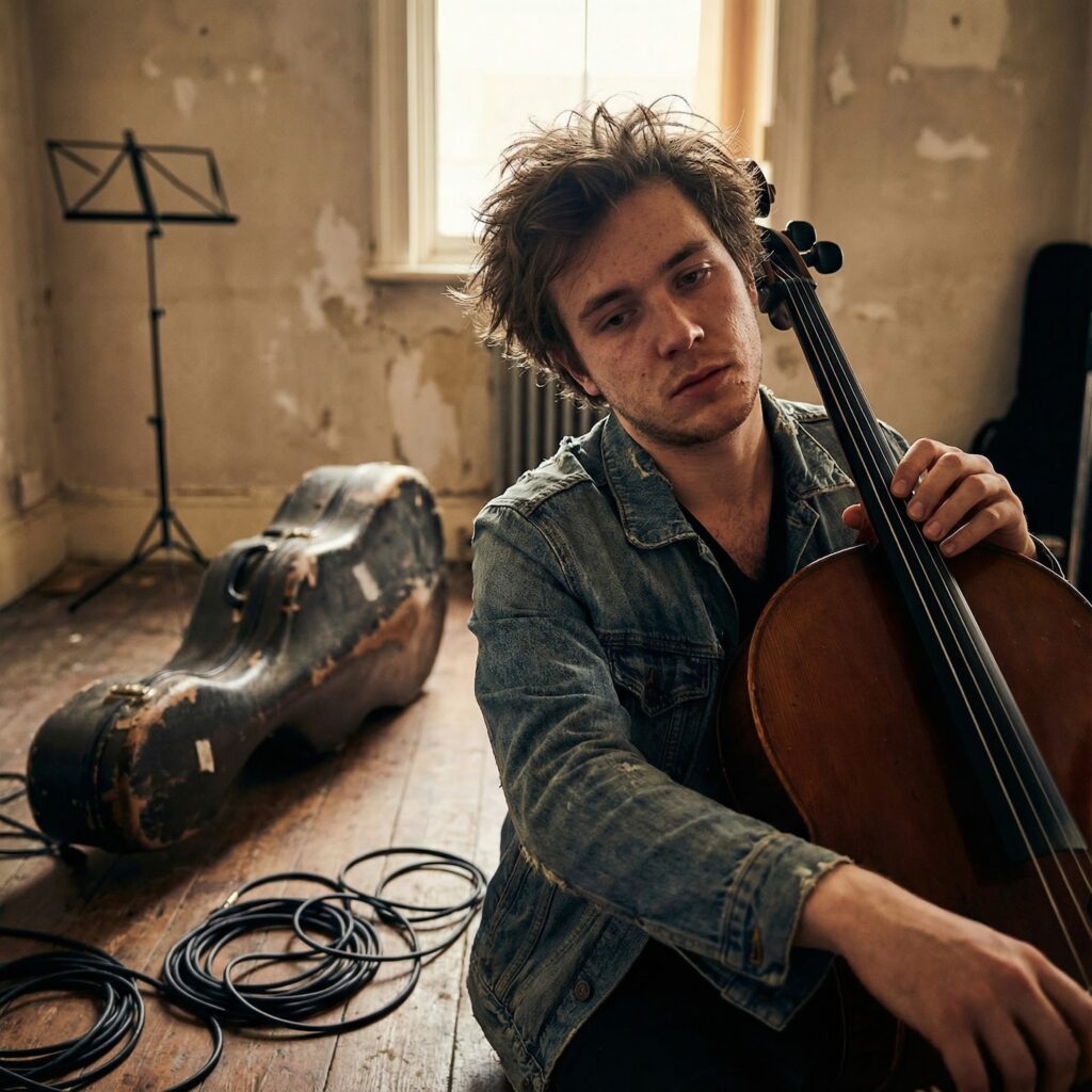 A Nano Banana generated portrait of a young musician alone in an empty rehearsal space, holding a cello. 